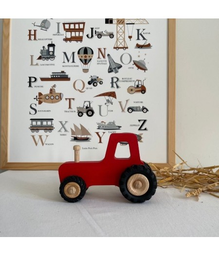 Joli jouet en bois tracteur rouge