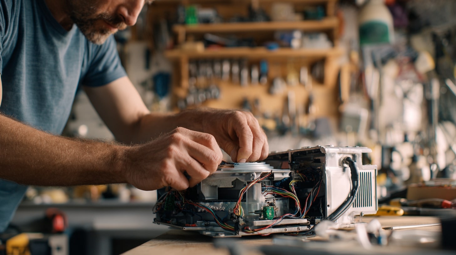 Technicien contrôlant les composants internes d’un appareil électroménager reconditionné.