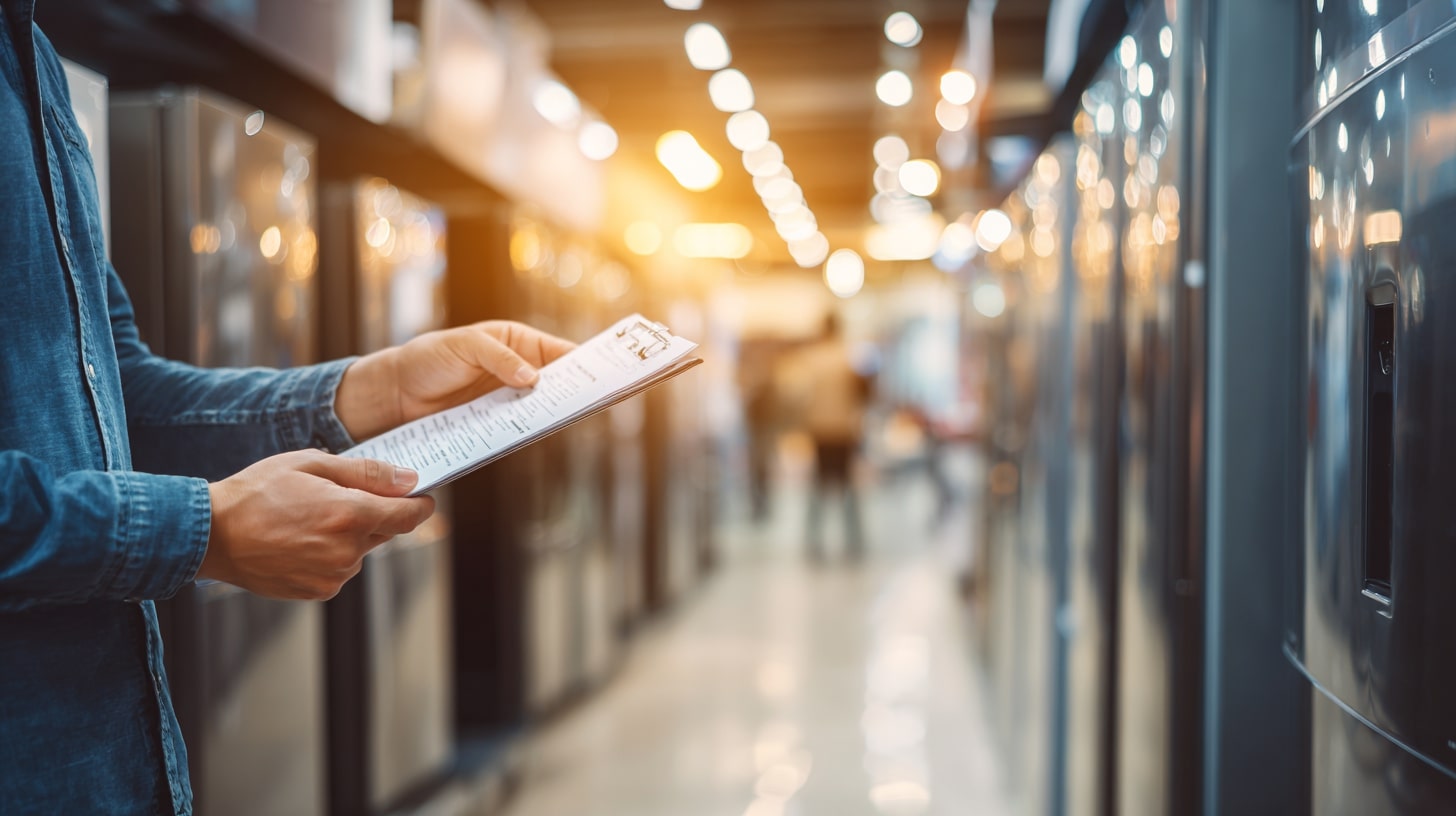 Personne analysant les caractéristiques d’un appareil électroménager avant un achat reconditionné.