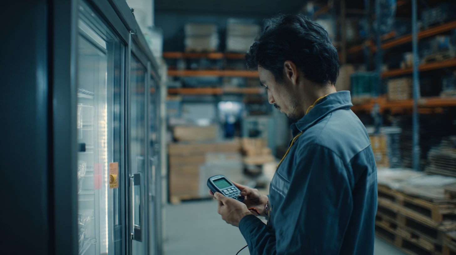 Personne vérifiant un réfrigérateur reconditionné dans un entrepôt avant l’achat.